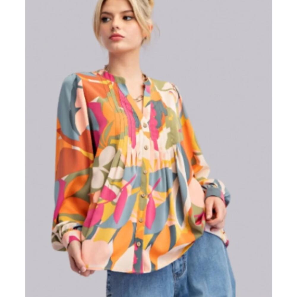 Easel Long Sleeve Pleated Abstract Colorful Sophia Twill Button Blouse Small NWT - Picture 3 of 7